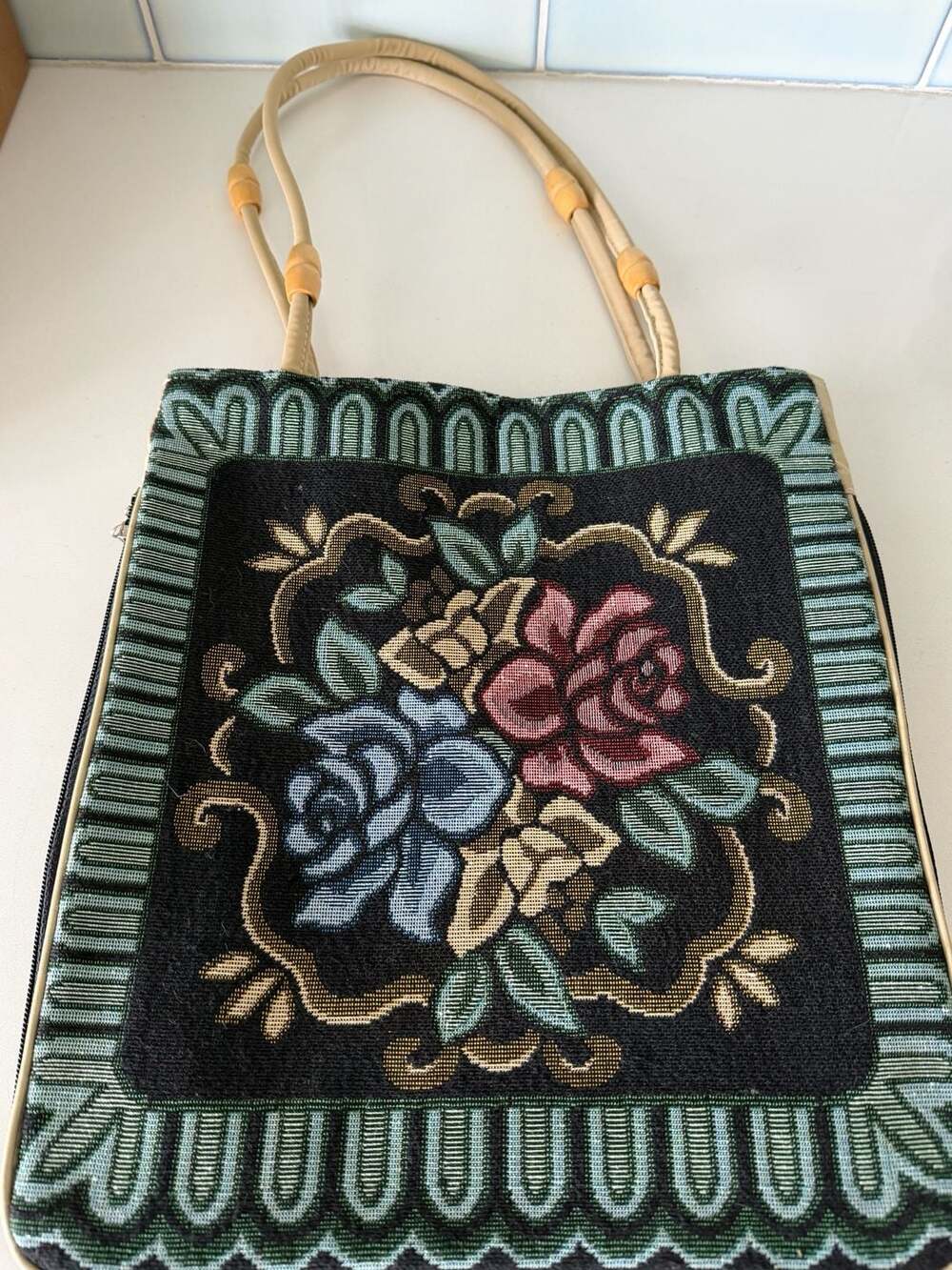Vintage Floral Tapestry Tote Bag with Faux Leather Trim